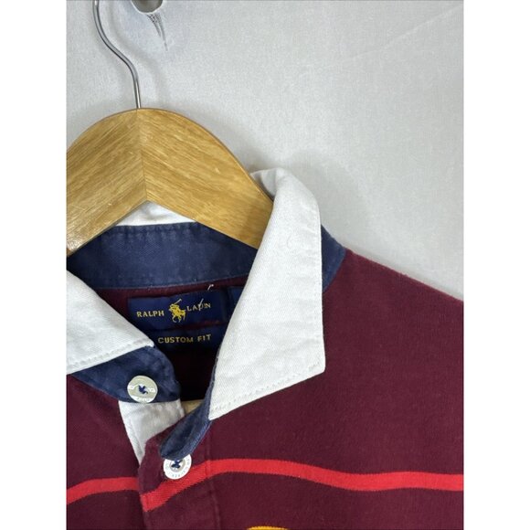 Polo Ralph Lauren Rugby Shirt Mens M Custom Fit Burgundy Striped Slim Fit - Picture 3 of 5